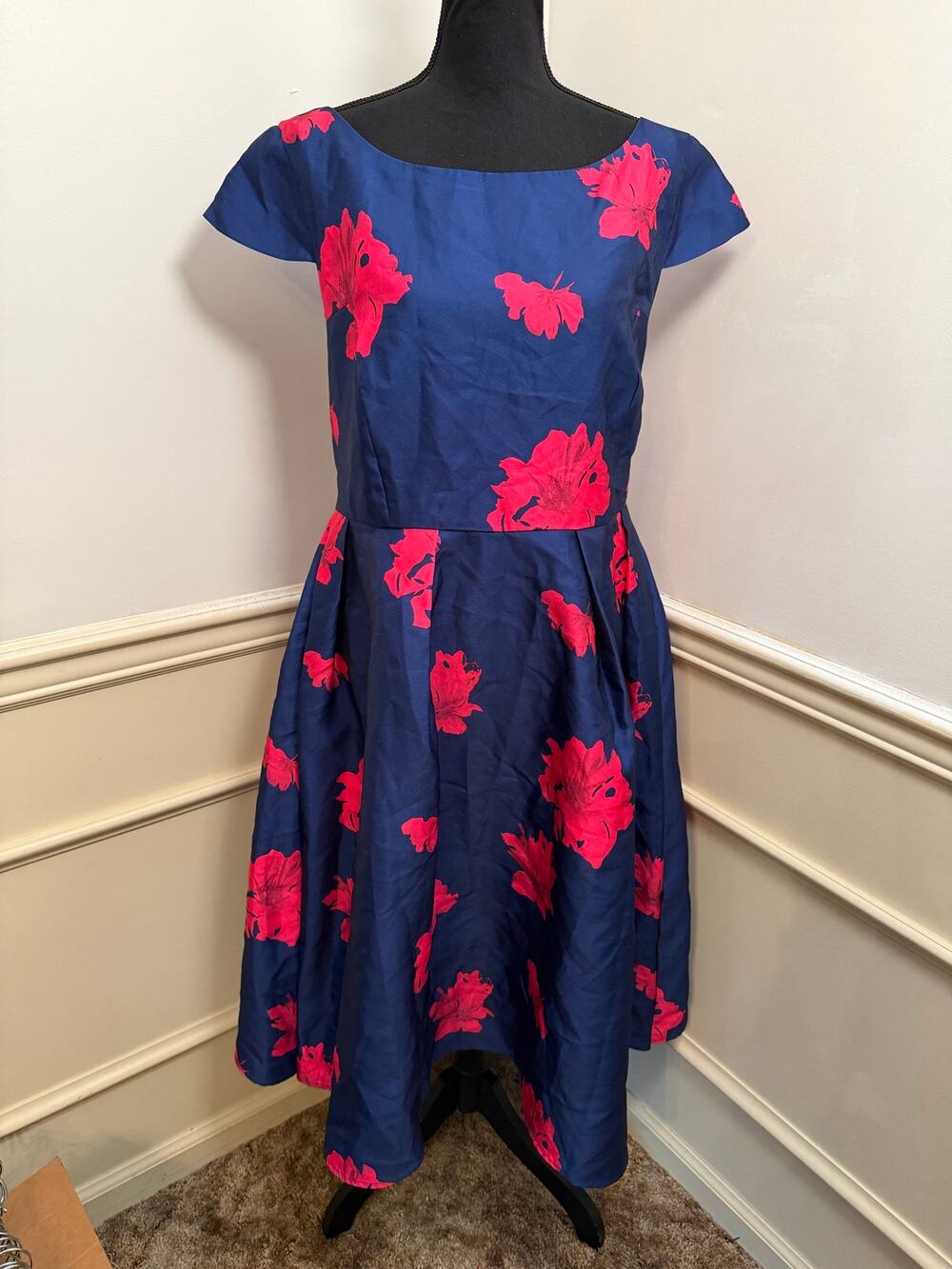 Vintage EY Boutique Floral Midi Dress Navy Blue Hot Pink Bold Print Cap Sleeve